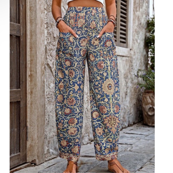 Boho Floral Paisley Print Flowy Panta - Picture 2 of 3